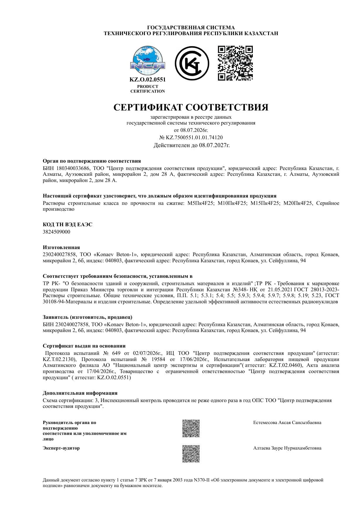 Сертификат соответствия — строительные растворы